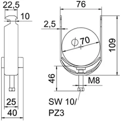 Brida rapida BET 2056 piede a H materia sintetica 64…70mm 1×cavo A2 1.4301 
