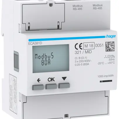 Contatore energia AMD HA ECA381D 3P diretto 80A Modbus RJ45 MID imp.+exp.2T+8T 