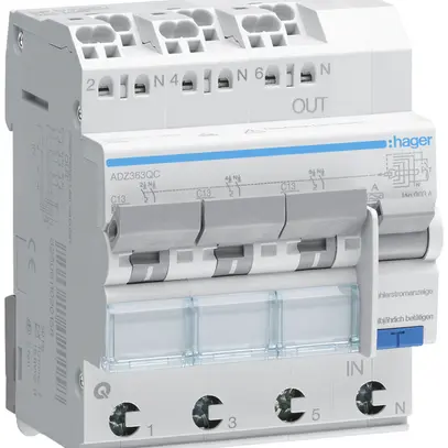 Disgiuntore differenziale Hager RCBO QC 3P+N 230V car.C 13A 0.03A tipo A 6kA 4UM 