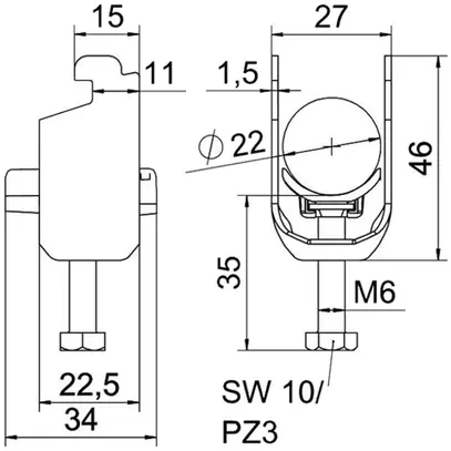 Fixation rapide BET 2056 pied à N matière synthétique 16…22mm 1×câble aluminium 