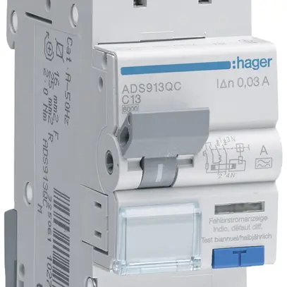 Disgiuntore differenziale Hager RCBO QC 2P 230V car.C 13A 0.03A tipo A 6kA 2UM 