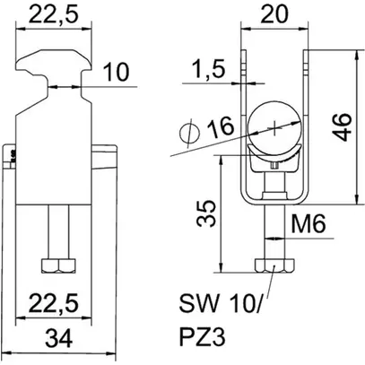Fixation rapide BET 2056 pied à H matière synthétique 12…16mm 1×câble aluminium 