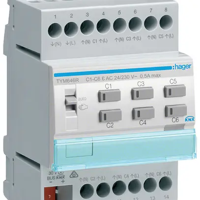 Attuatore di riscaldamento AMD Hager TYM646R KNX ETS sestuplo con regolatore 