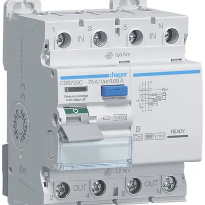 Fehlerstrom-Schutzschalter Hager RCCB (RCD) 4P 400V 0.03A Typ B 25A 10kA 4TE 