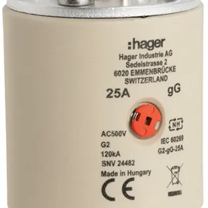 Fusibile HPC Hager SEV G2 500VAC 25A gG/gL segnalatore centrale inossidabile 