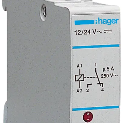 Relè di interfaccia Hager 10…26V DC 0Ch 0 apertura 1 invertitore 5A AC/DC 1UM 
