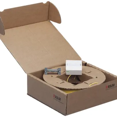Kit FTTH R&M, boîtier 60×60mm bc avec 2×LC/d, 4×OS2-G657A sur 4×LC-APC 50m 
