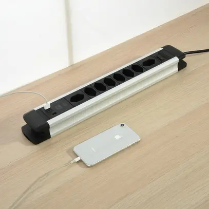 Presa multipla ALU 8×T13 2×USB-A/1×USB-C 2m 3×1mm² interruttore ne/alu 