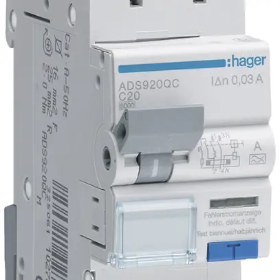 Disgiuntore differenziale Hager RCBO QC 2P 230V car.C 20A 0.03A tipo A 6kA 2UM 