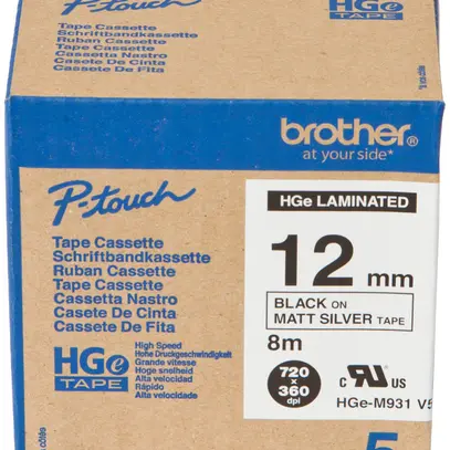 Cassette ruban Brother HGe 12mm×8m noir/argenté métalique 