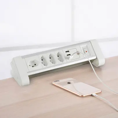 Module de table ALU 4×T13 3×USB-A 2.0m câble interrupteur blanc/aluminium 