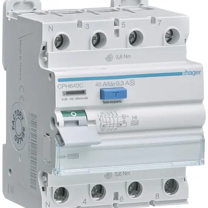 Interruttore differenziale Hager RCCB (RCD) 4P 400V 0.3A tipo A 40A 10kA 4UM 