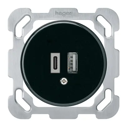 Presa di carica USB INC basico 18W PD 1×tipo A 1×tipo C c.placca fiss. nero 