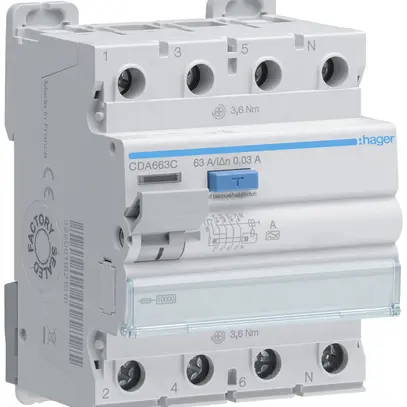 Interruttore differenziale Hager RCCB (RCD) 4P 400V 0.03A tipo A 63A 10kA 4UM 