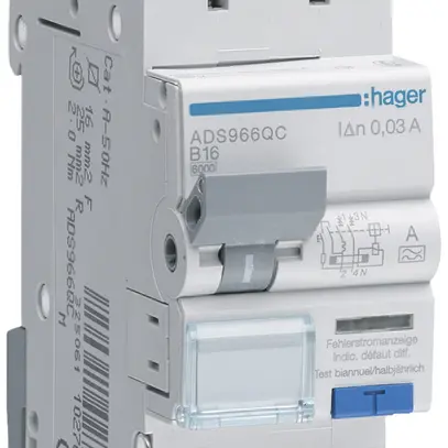 Disjoncteur différentiel Hager RCBO QC 2P 230V car.B 16A 0.03A type A 6kA 2UM 