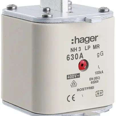 Fusibile HPC Hager DIN3 400VAC 630A gG/gL segnalatore centrale inossidabile 