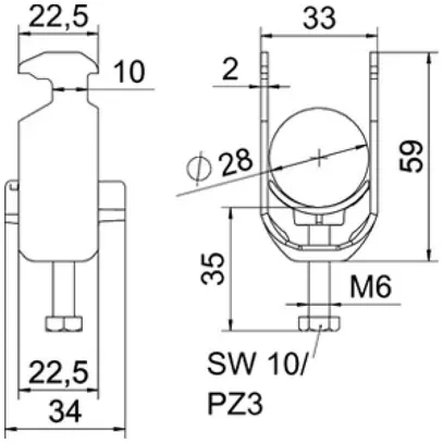Fixation rapide BET 2056 pied à H matière synthétique 22…28mm 1×câble A2 1.4301 
