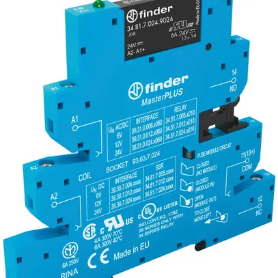 Relais couplage AMD Finder 39 MasterPLUS, 1F 6A/24VDC SSR bornes à vis 