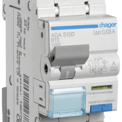 Disgiuntore differenziale Hager RCBO 2P 240V car.B 10A 0.03A tipo A 10kA 2UM 