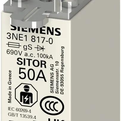 NH-Sicherung Siemens SENTRON 3NE SITOR DIN-000 50A gS, Stirnkennmelder 