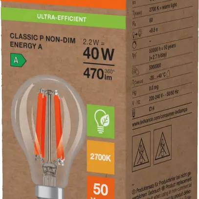 LED-Lampe LEDVANCE CLASSIC P E14 2.2W 470lm 2700K Ø45×88mm klar 