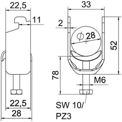 Fixation rapide BET 2056 pied à N métal 22…28mm 1×câble acier Zn-ch-im 