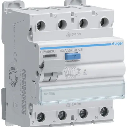 Fehlerstrom-Schutzschalter Hager RCCB (RCD) 4P 400V 0.3A Typ A S 63A 10kA 4TE 