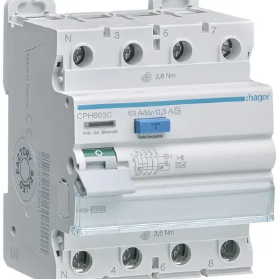 Interrupteur différentiel Hager RCCB (RCD) 4P 400V 0.3A type A HI S 63A 10kA 4UM 