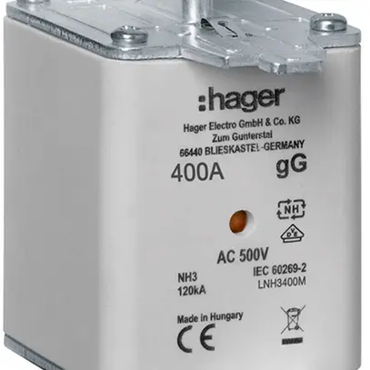 Fusibile HPC Hager DIN3c 500VAC 400A gG/gL segnalatore doppio antiruggine 