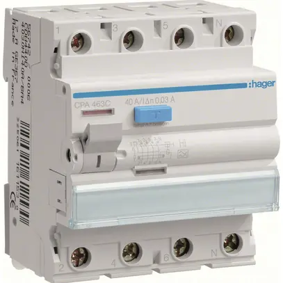 Fehlerstrom-Schutzschalter Hager RCCB (RCD) 4P 400V 0.03A Typ A HI 40A 4TE 