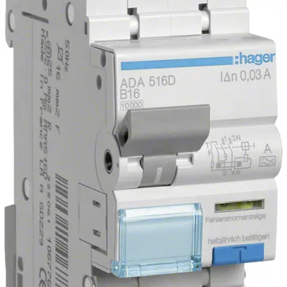 Disgiuntore differenziale Hager RCBO 2P 240V car.B 16A 0.03A tipo A 10kA 2UM 