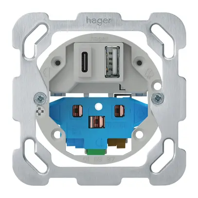 Inserto presa carica USB INC Hager 18W PD 1×tipo A 1×tipo C T13/23 placca fiss. 