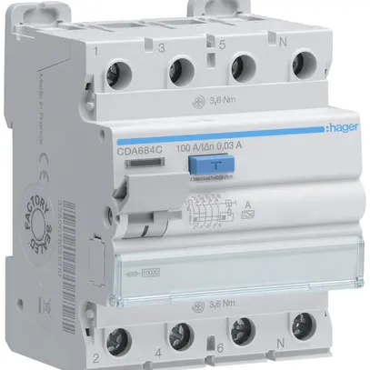 Interruttore differenziale Hager RCCB (RCD) 4P 400V 0.03A tipo A 100A 10kA 4UM 