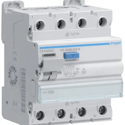 Interruttore differenziale Hager RCCB (RCD) 4P 400V 0.3A tipo A 125A 10kA 4UM 
