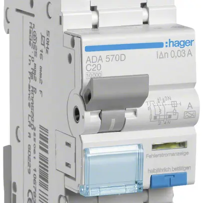 Disgiuntore differenziale Hager RCBO 2P 240V car.C 20A 0.03A tipo A 10kA 2UM 