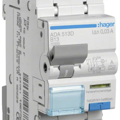 Disgiuntore differenziale Hager RCBO 2P 240V car.B 13A 0.03A tipo A 10kA 2UM 