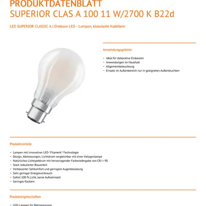 Lampada LED LEDVANCE SUPERIOR CLASSIC B22d 11W 1521lm 2700K REG opale 