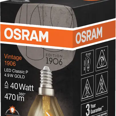 Lampe LED Osram Vintage 1906 E14 4.9W 470lm 2200K VAR Ø45×80mm or 