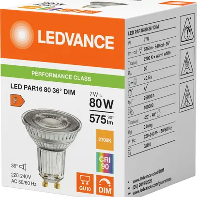 Lampada LED LEDVANCE GU10 7W 575lm 2700K REG Ø50×52mm PAR16 chiaro 36° 