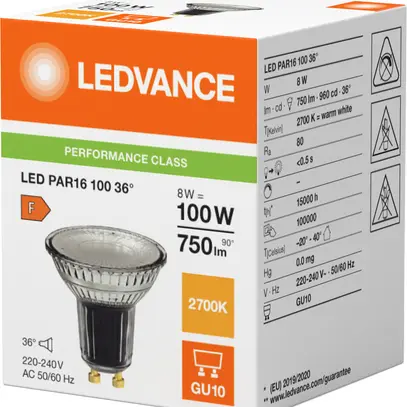 Lampada LED LEDVANCE GU10 8W 750lm 2700K Ø50×52mm PAR16 chiaro 36° 