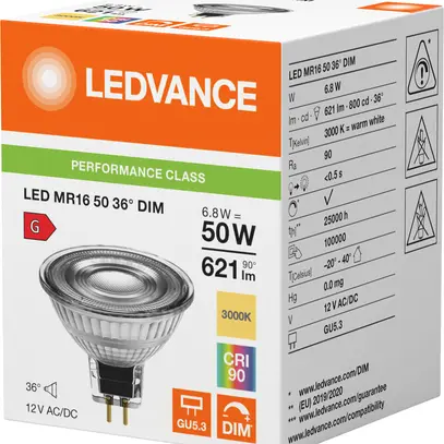 Lampada LED LEDVANCE GU5.3 12V 6.8W 621lm 3000K REG Ø50×44mm MR16 chiaro 36° 