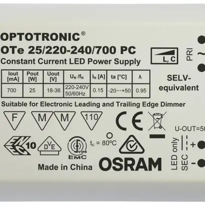Alimentazione a corrente costante OTe 25, per LED 700mA 25W 240V 