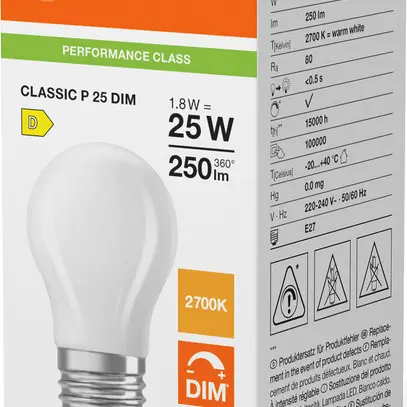 Lampada LED LEDVANCE CLASSIC P E27 1.8W 250lm 827 REG opaco Ø45×80mm 
