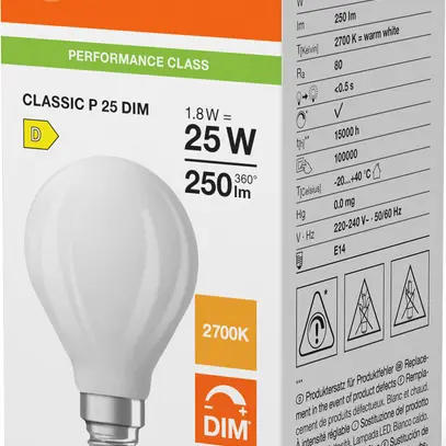 Lampe LED LEDVANCE CLASSIC P E14 1.8W 250lm 827 VAR mat Ø45×80mm 