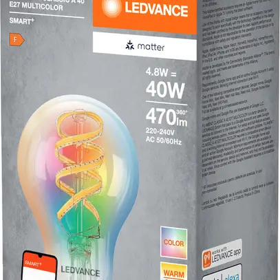 Lampe LED LEDVANCE SMART+ MATTER E27 4.8W 470lm RGBW WiFi Ø60×105mm type A clair 