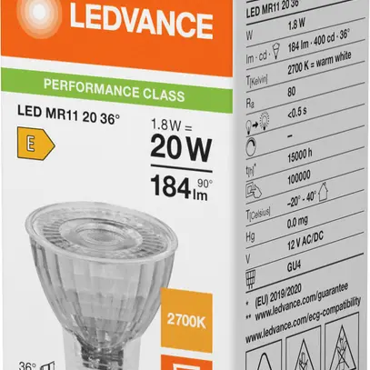 Lampada LED LEDVANCE GU4 12V 1.8W 184lm 2700K Ø35×38mm MR11 chiaro 36° 