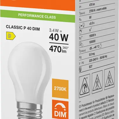 Lampada LED LEDVANCE CLASSIC P E27 3.4W 470lm 827 REG opaco Ø45×80mm 