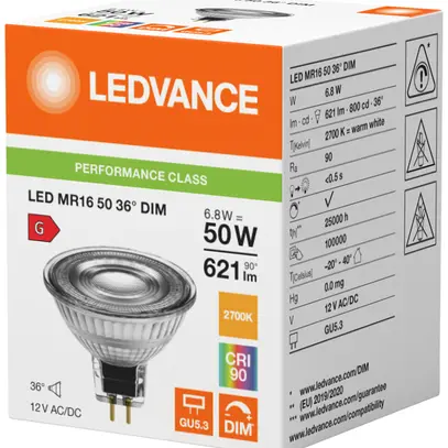 Lampe LED LEDVANCE GU5.3 12V 6.8W 621lm 2700K VAR Ø50×44mm MR16 clair 36° 