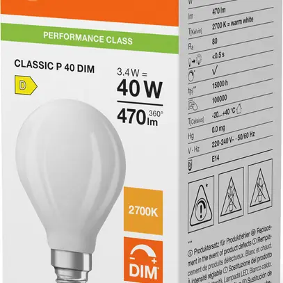 Lampe LED LEDVANCE CLASSIC P E14 3.4W 470lm 827 VAR mat Ø45×80mm 