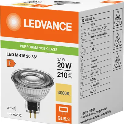 LED-Lampe LEDVANCE GU5.3 12V 2.1W 210lm 3000K Ø50×44mm MR16 klar 36° 